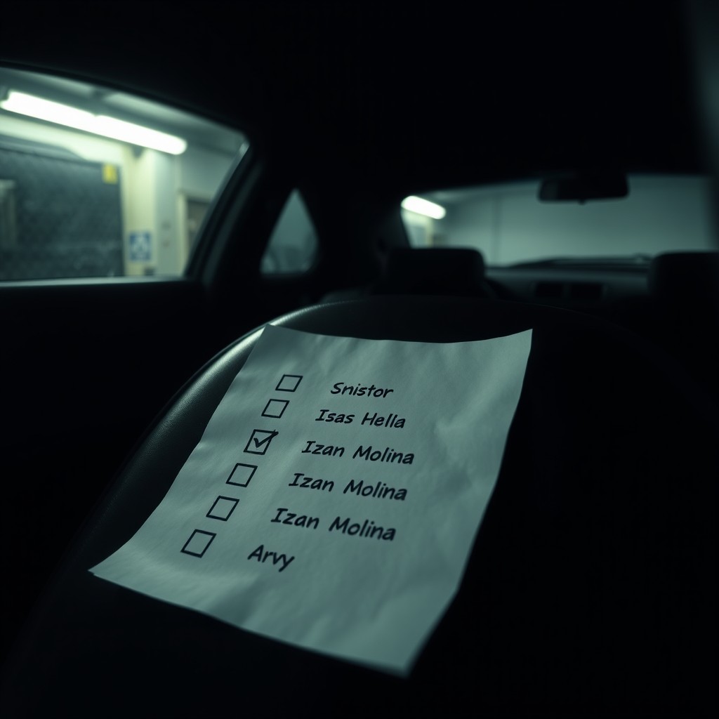An interior scene of a dark car parked in a poorly lit garage