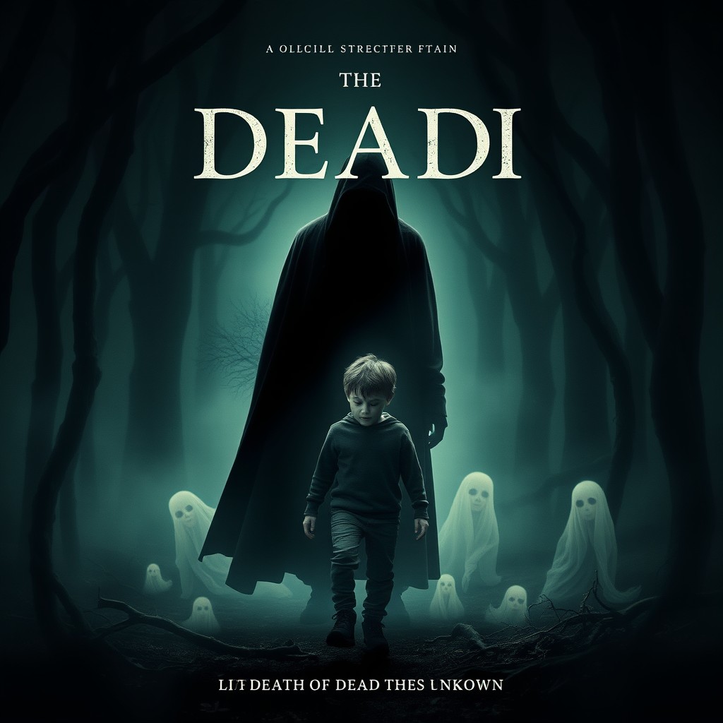A captivating movie poster for a film about a boy who is unaware that he is already dead, with an ethereal, haunting atmosphere
