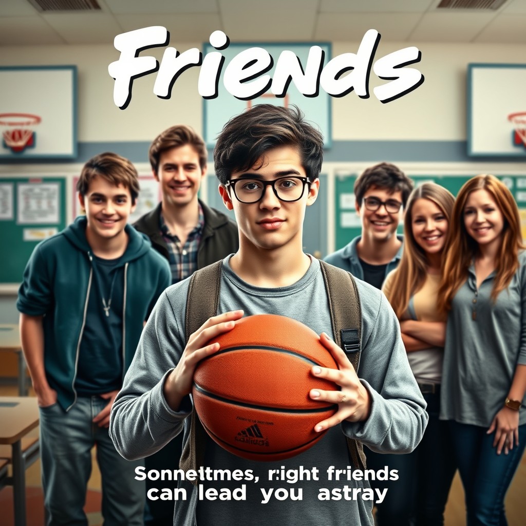 A captivating movie poster for a film titled "Friends" (with quotes), featuring a smart young man at the center, depicted as a slightly shy but determined student holding a basketball