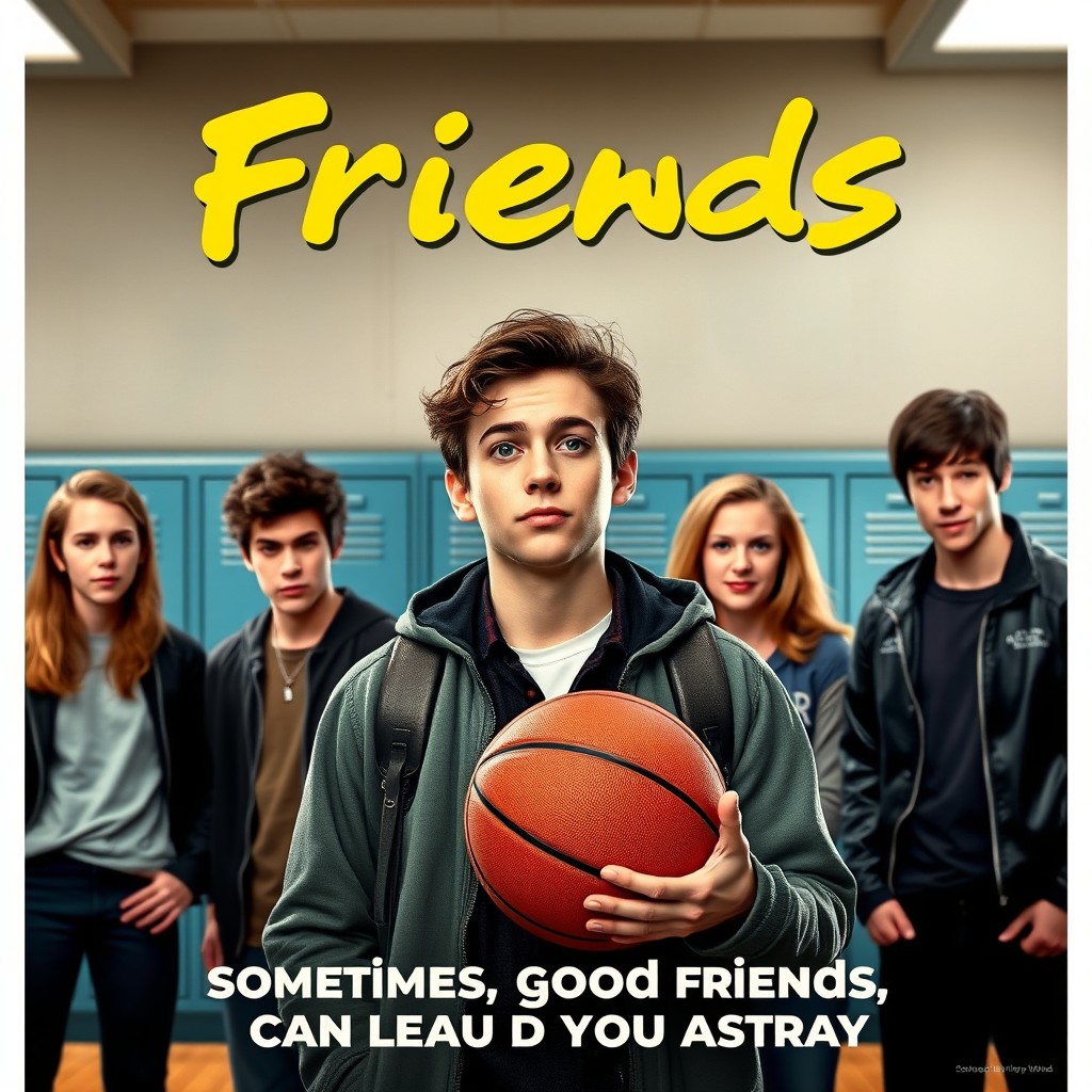 An engaging movie poster for a film titled "Friends" (with quotes), featuring a smart, slightly shy young man as the central character