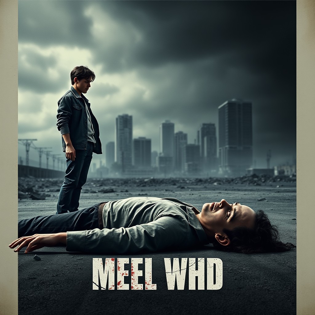 A dramatic movie poster featuring a scene on the ground with an infected person, showing visible signs of a virus infection, perhaps with a pale complexion and an expression of distress