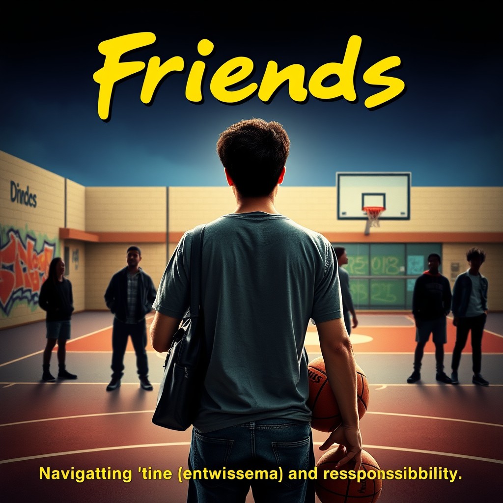 An intriguing movie poster for a film titled "Friends" (with quotes), featuring a thoughtful young man depicted from the back, standing on a basketball court