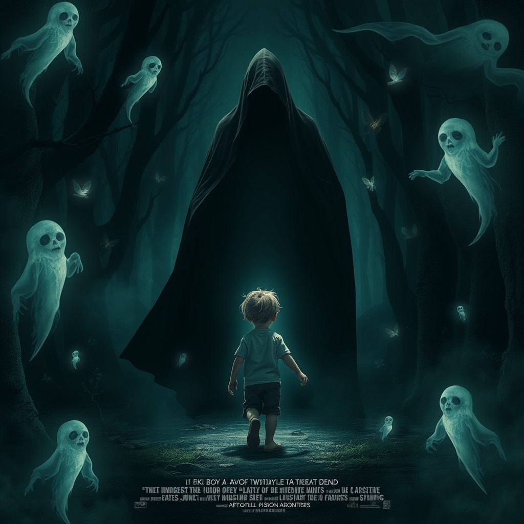 A visually striking movie poster for a film about a boy who is unaware that he is already dead, with an eerie and atmospheric design