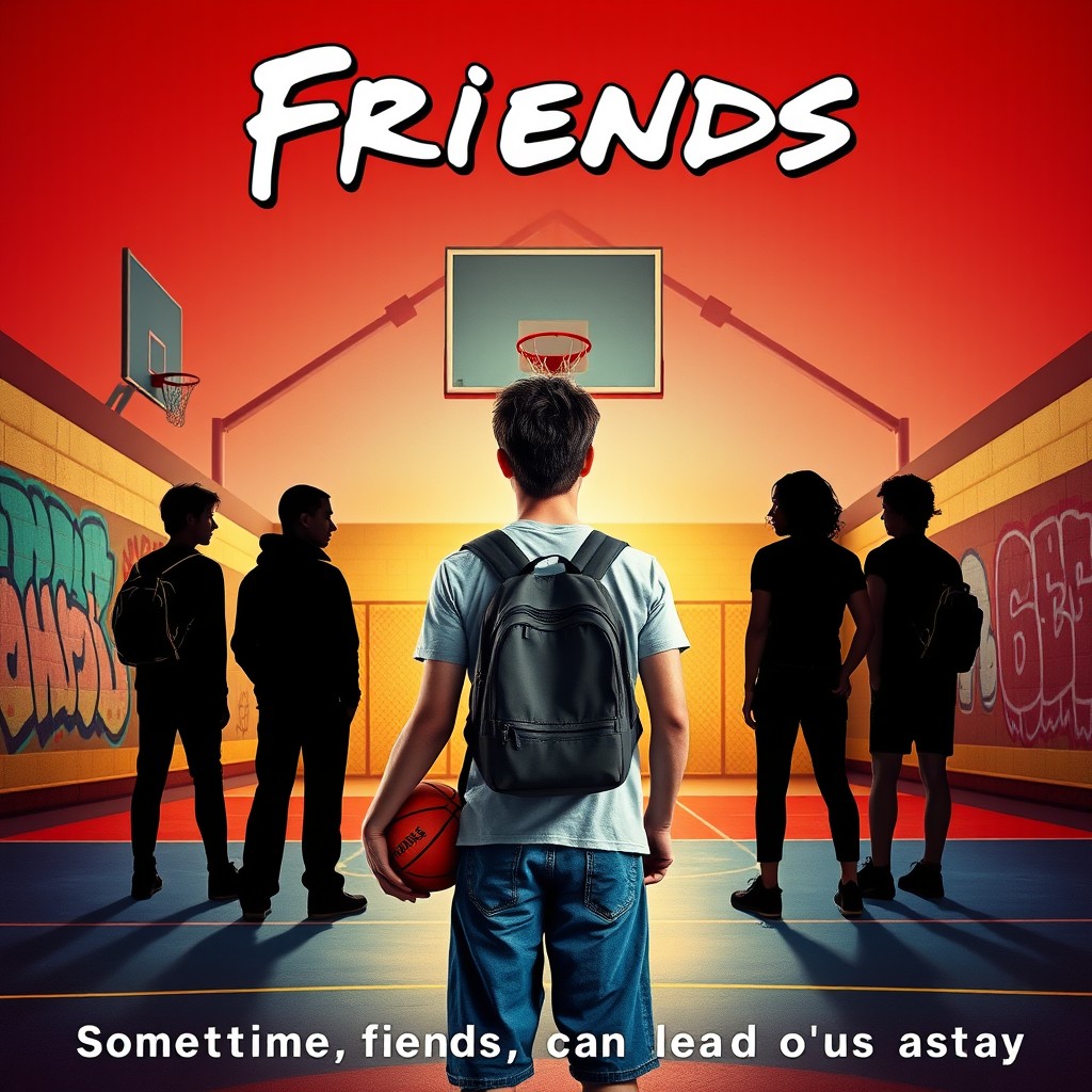 An eye-catching movie poster for a film titled "Friends" (with quotes), focusing on a smart, shy young man depicted from behind as he stands on a basketball court, gripping a basketball