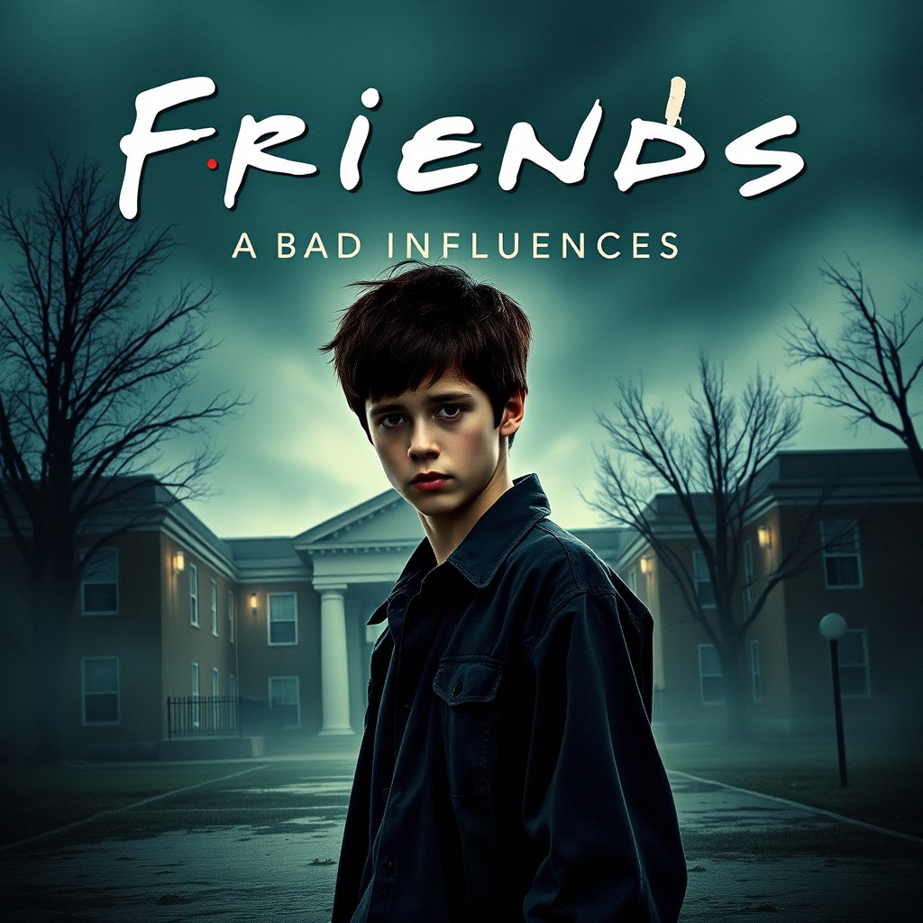 A movie poster for 'Friends', featuring a high school in the background, conveying a sense of foreboding and isolation