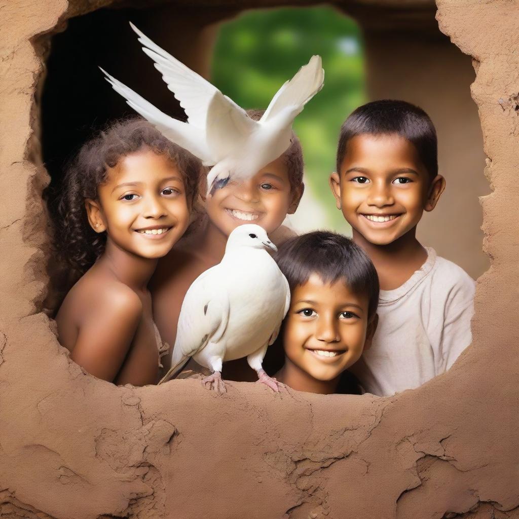 Cheerful children with a white dove resting on their shoulders, standing in the middle of a hole