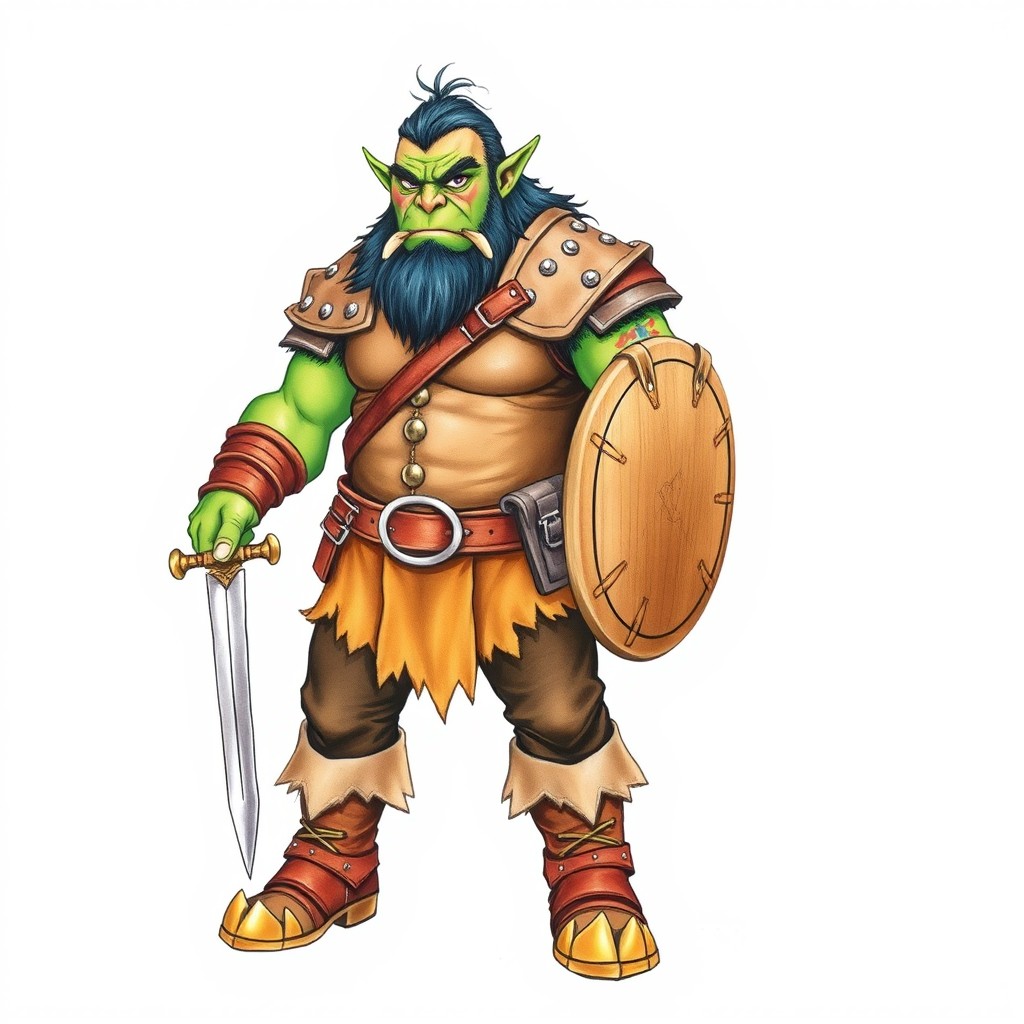 A colorful drawing on a white background featuring a male orc standing confidently