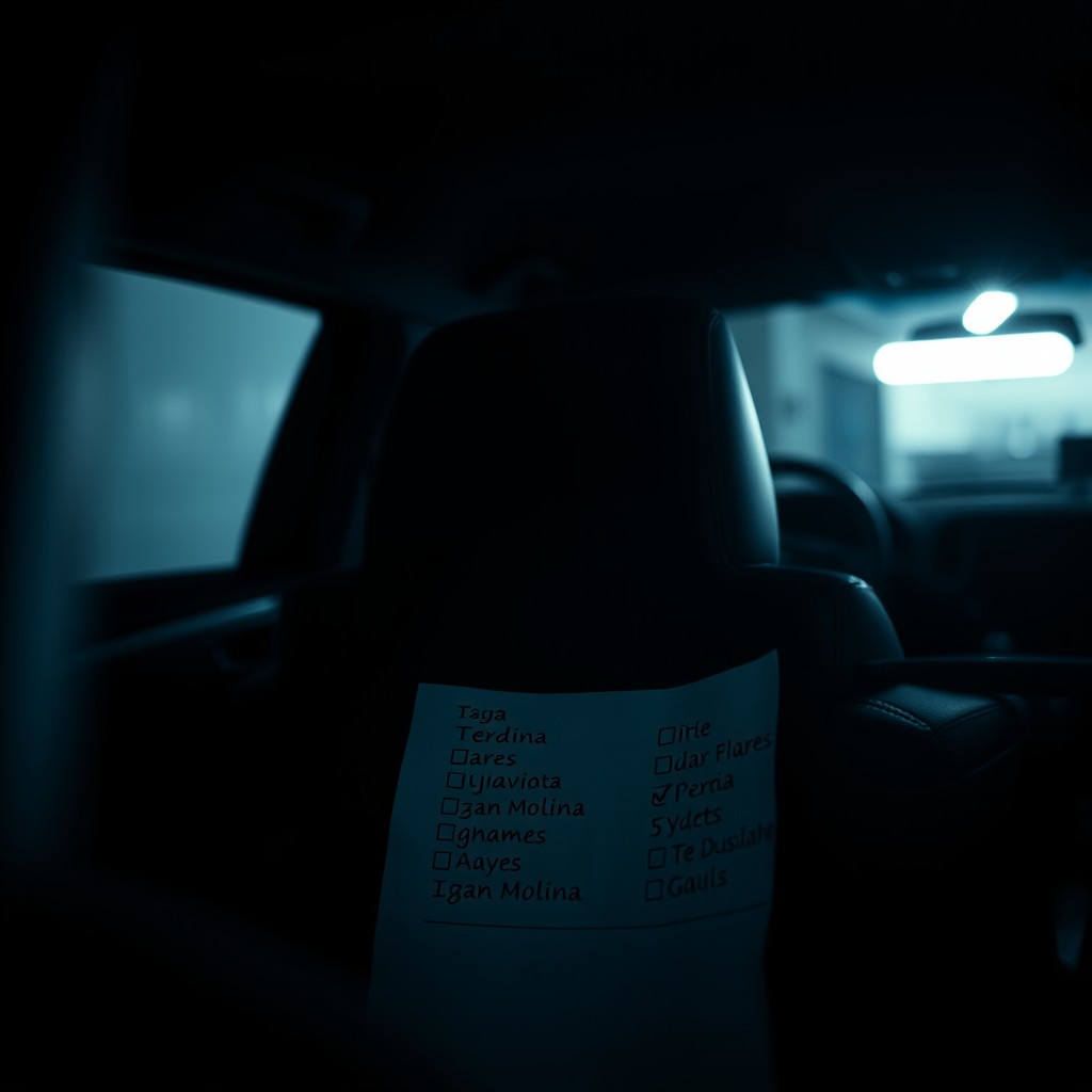 An interior scene of a dark car parked in a poorly lit garage
