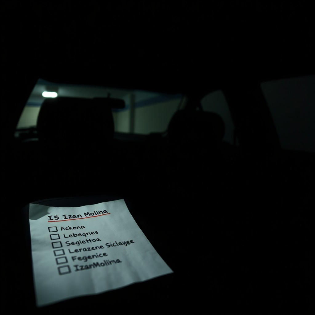 An interior scene of a dark car parked in a poorly lit garage