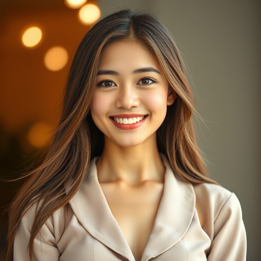 A beautiful young woman, 18 years old, viewed from the front, with attractive facial features and a radiant smile