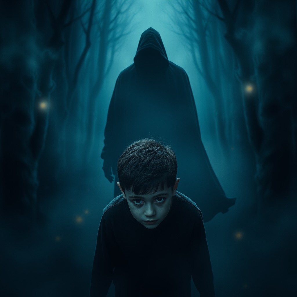 A haunting and visually captivating movie poster for a film about a boy who is unaware that he is already dead, with Death pursuing him