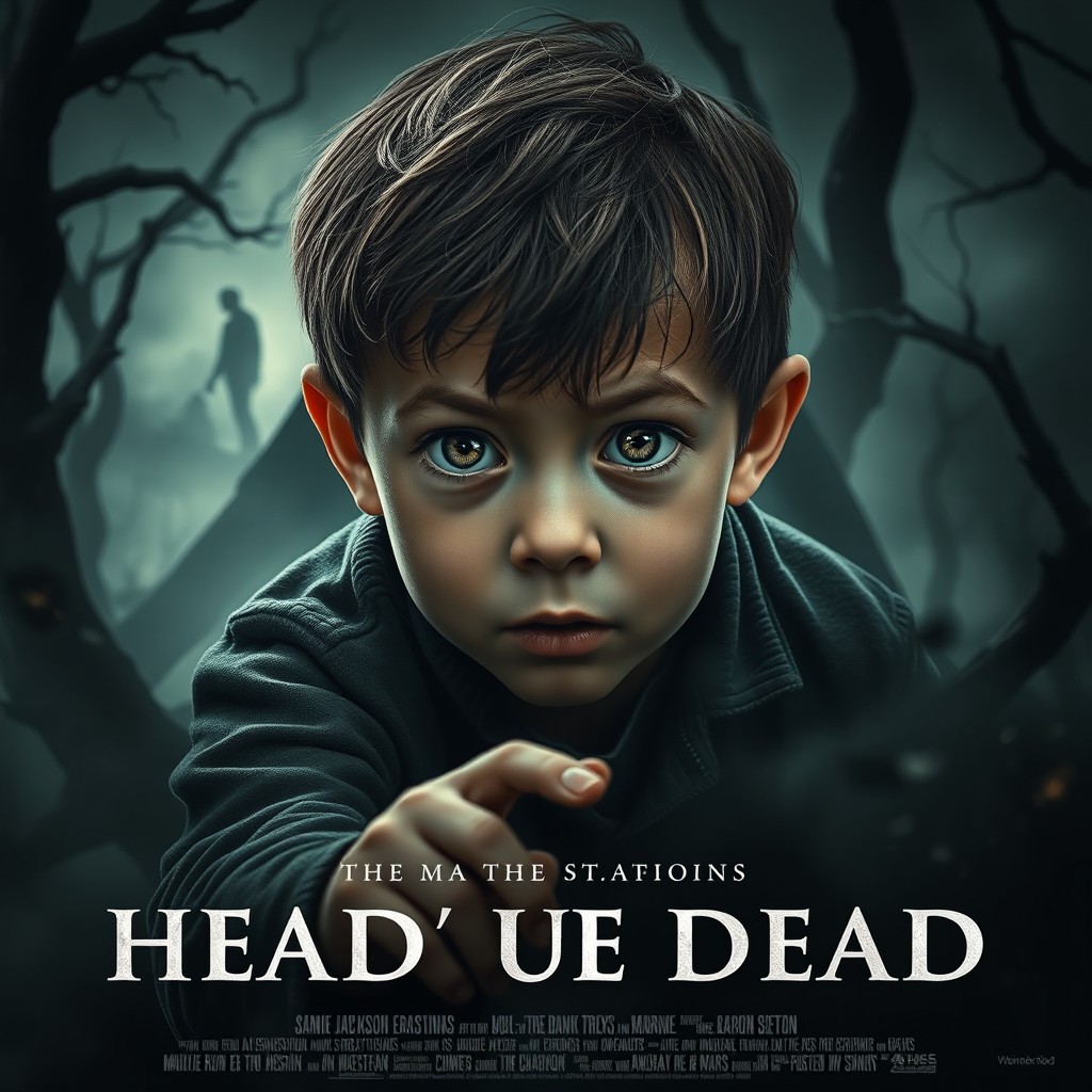 A highly detailed, realistic movie poster for a film about a boy who is unaware that he is already dead, with Death pursuing him