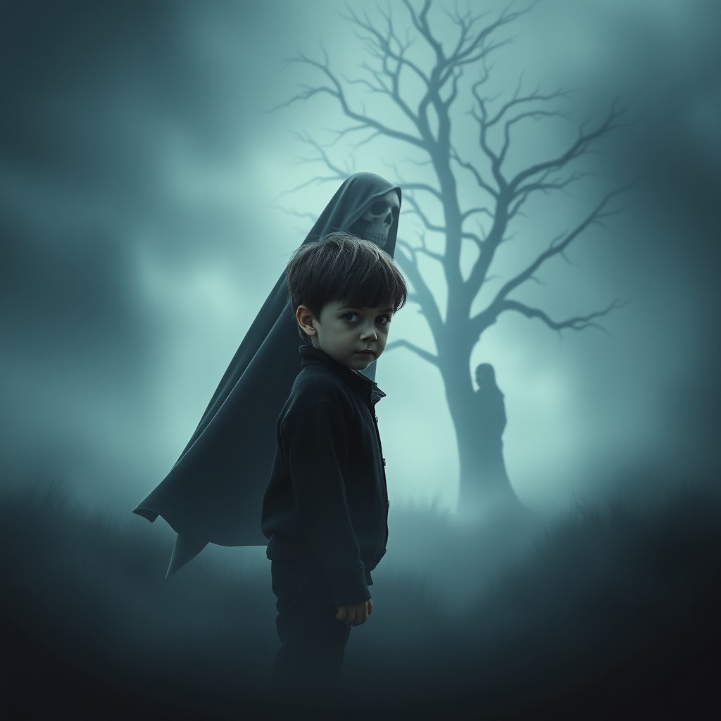 A realistic and captivating movie poster for a film about a boy who does not realize he is already dead, being pursued by Death