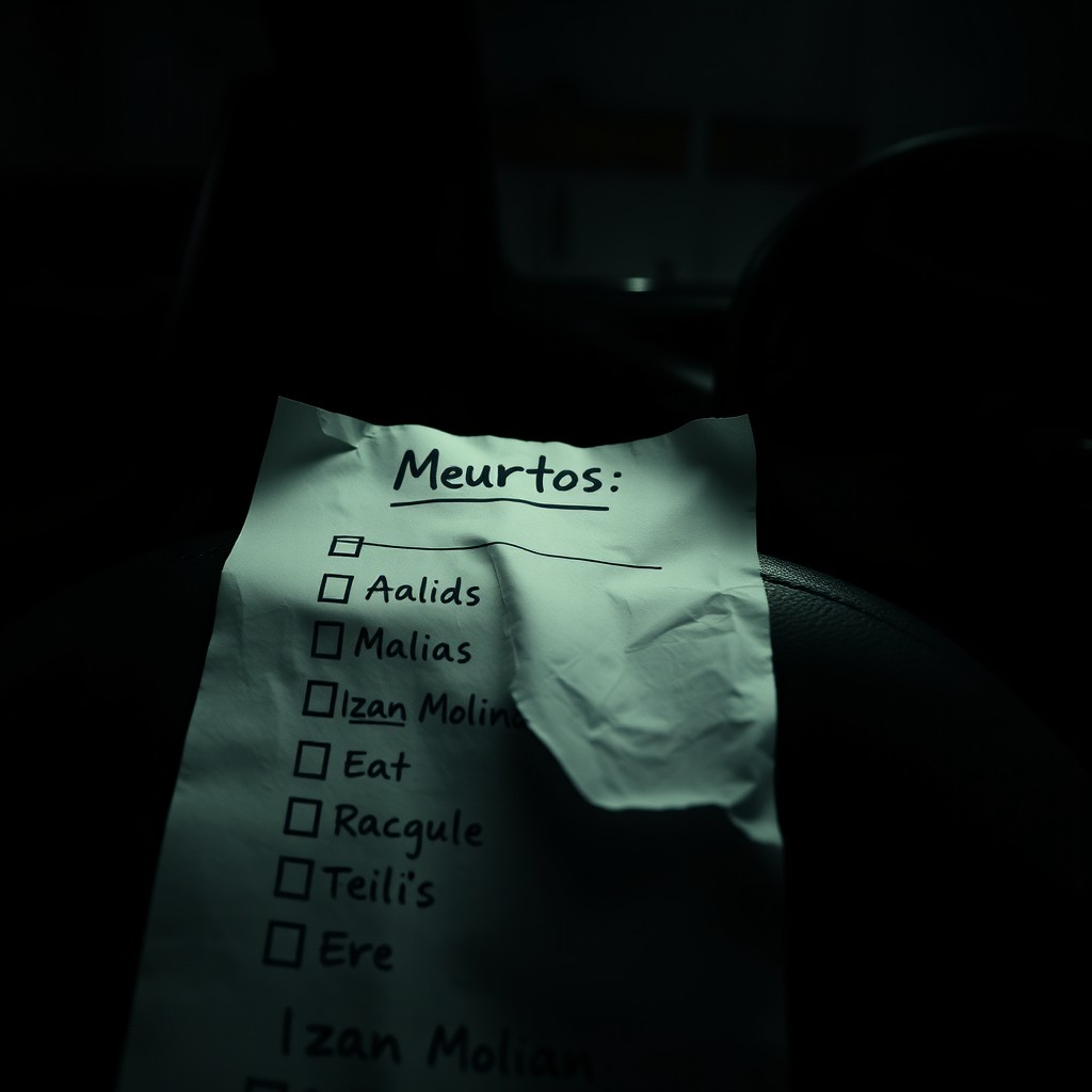 An interior scene of a dark car parked in a poorly lit garage