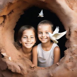 Cheerful children with a white dove resting on their shoulders, standing in the middle of a hole