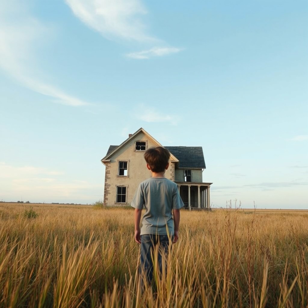 An abandoned house in the distance with broken windows and worn walls, situated in a vast, open field