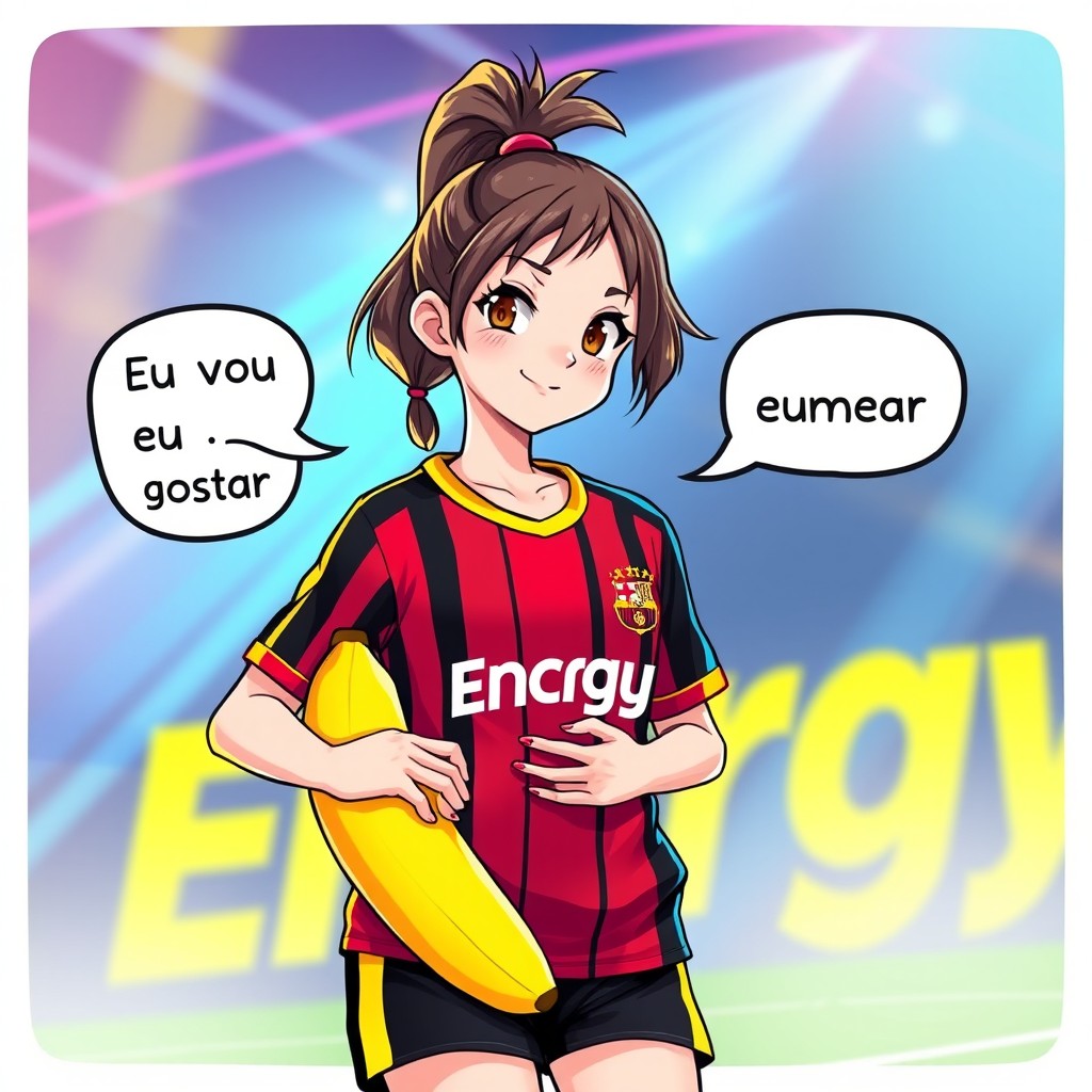 A girl with a ponytail hairstyle, dressed as a futsal player, wearing a black, red, and yellow striped kit