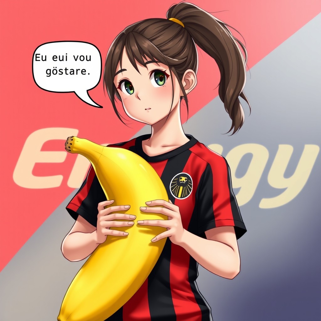 A realistic image of a girl with a ponytail, a futsal player wearing a black, red, and yellow striped uniform