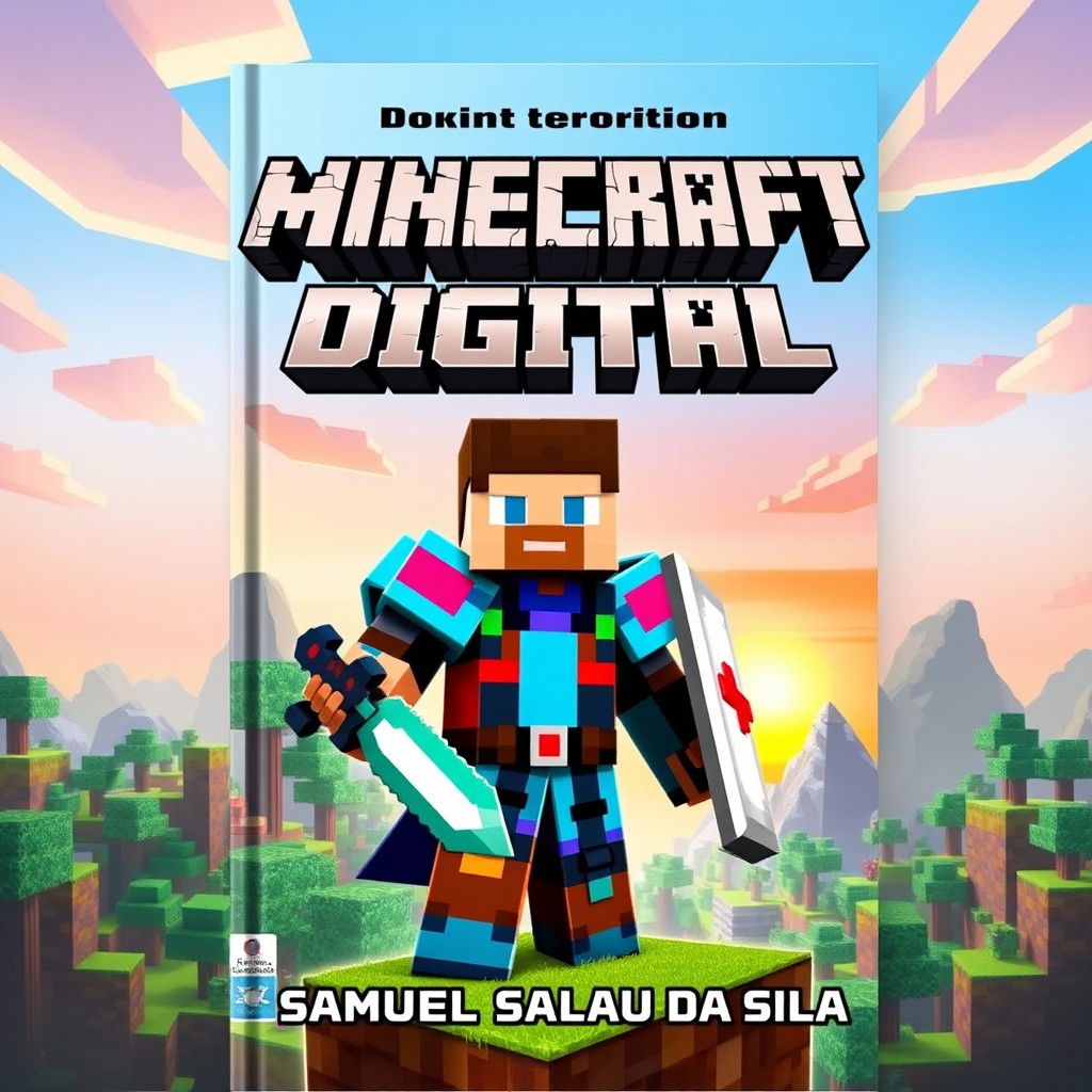 A captivating book cover inspired by Minecraft, featuring a male character in a blocky, pixelated style