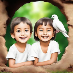 Cheerful children with a white dove resting on their shoulders, standing in the middle of a hole