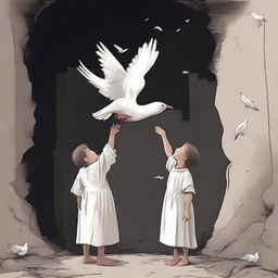 Innocent children with a white dove on their shoulders, standing in a hole with an all controlling hand looming above them