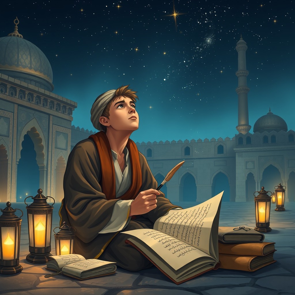 A scene set in the 11th century depicting a young Muslim scholar in deep contemplation at night