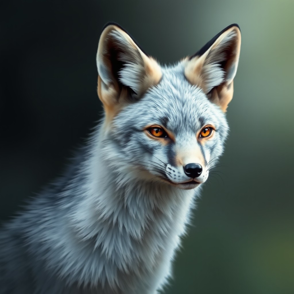 A realistic depiction of a silver fox head, showcasing its majestic and sleek fur, with piercing eyes and a distinct facial structure
