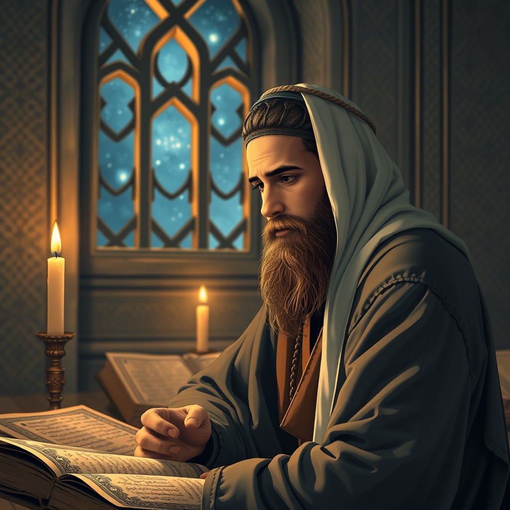 A young Muslim scholar with a beard, deep in contemplative thought, in a medieval Islamic setting in the 11th century