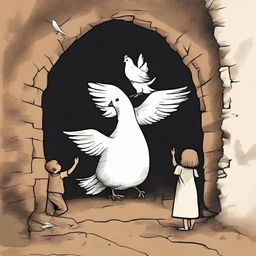 Innocent children with a white dove on their shoulders, standing in a hole with an all controlling hand looming above them