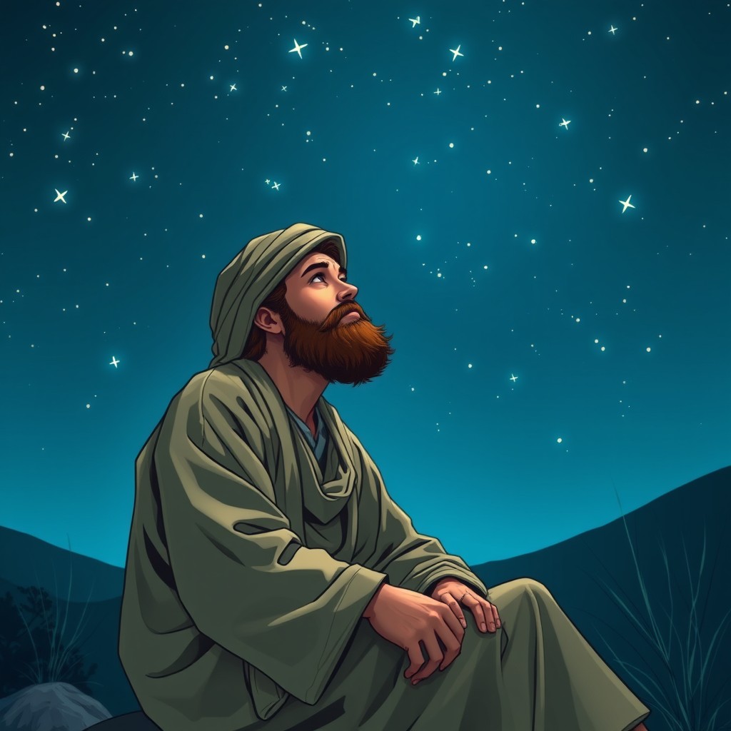 A young Muslim scholar from the 11th century, sitting outside at night, gazing up at a starlit sky, deep in thought and reflection