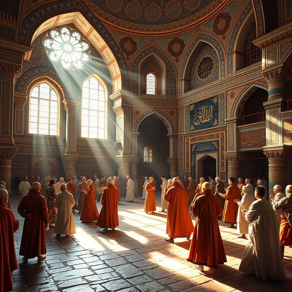 A stunning, historically inspired depiction of an 11th-century Islamic madrasa filled with Muslim dervishes