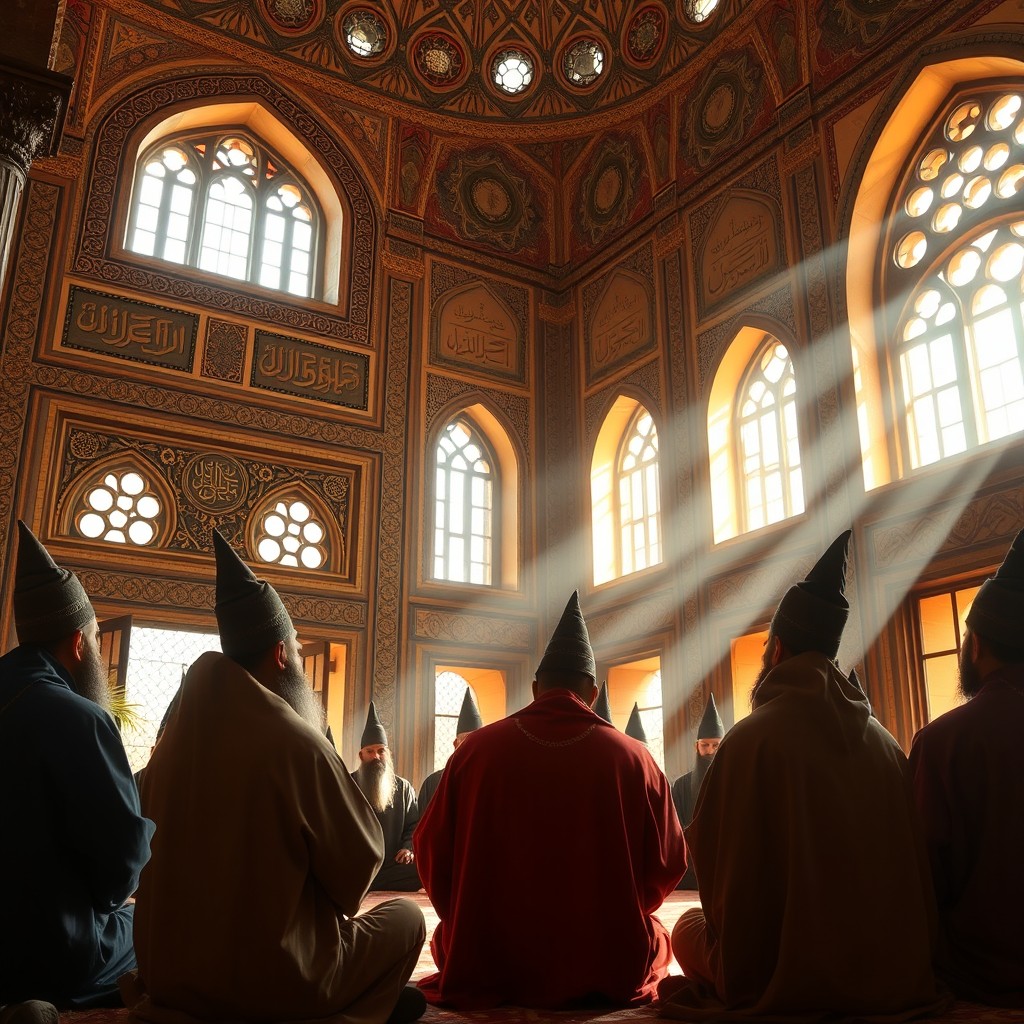 A picturesque scene inside an 11th-century medrese, showcasing a group of Muslim dervishes adorned in traditional attire, featuring tall hats (sarık) and long beards (sakallı), elegantly draped in flowing robes (cübbeli)