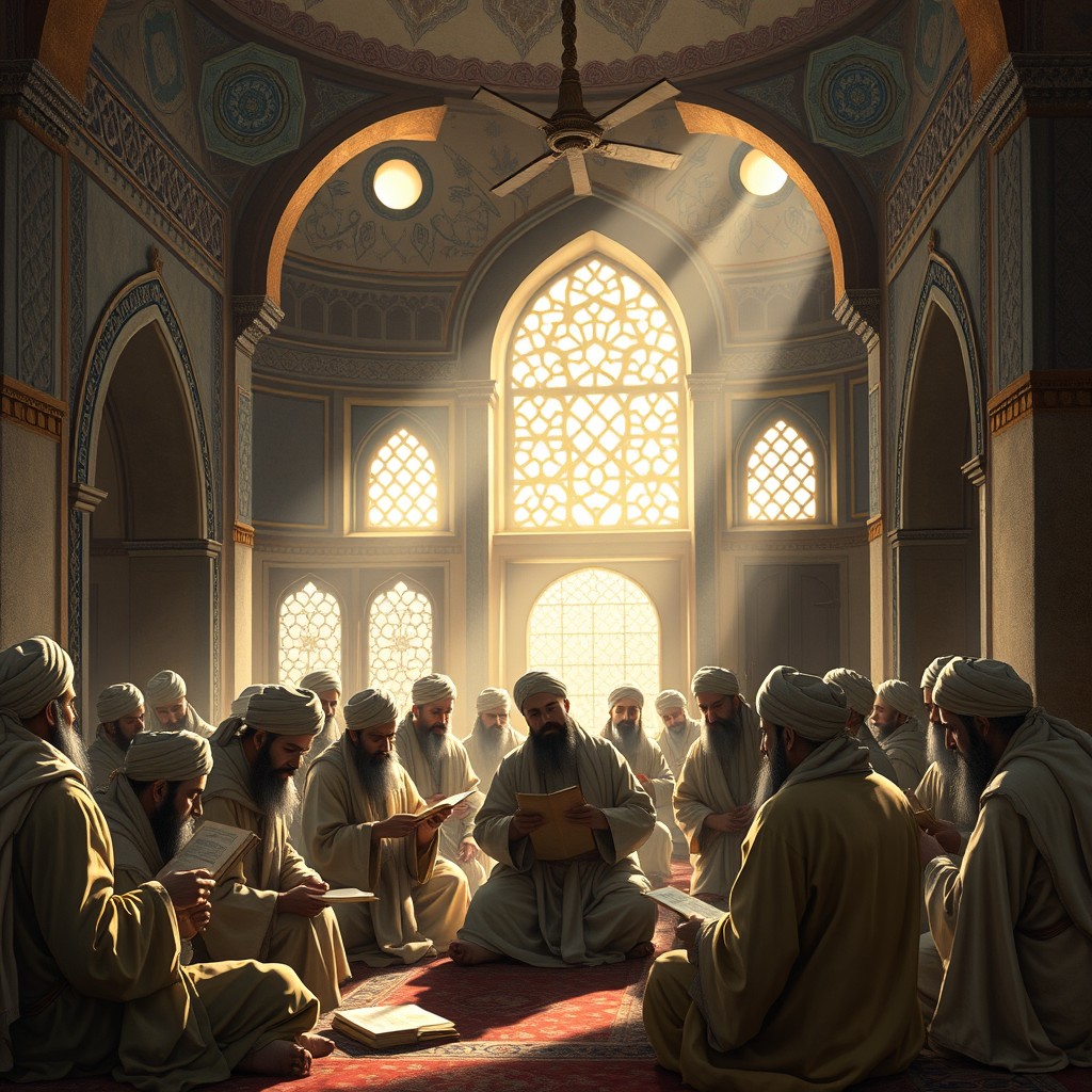 A historical scene depicting 11th century Muslim dervishes wearing turbans and long robes, gathered inside a medrese (Islamic school)