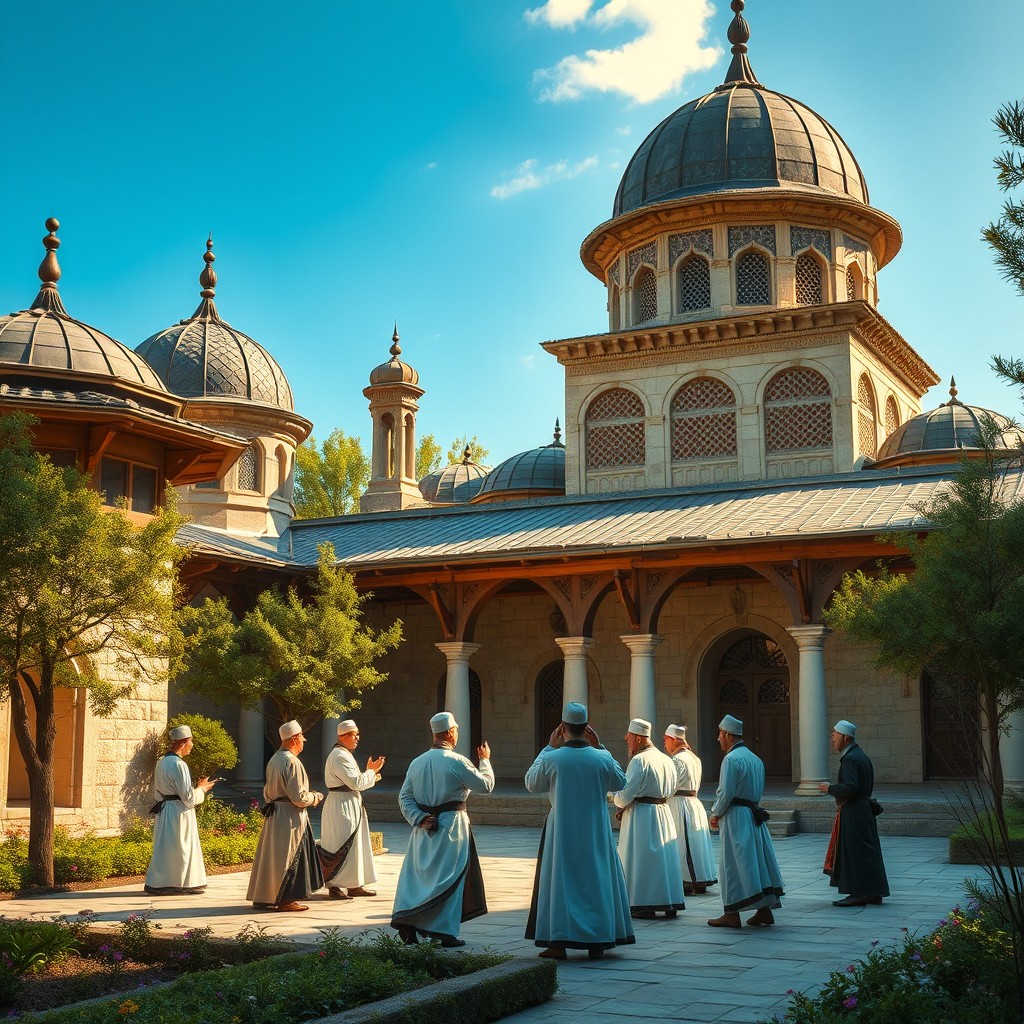 A serene and historical depiction of an 11th-century Seljuk madrasah, showcasing Muslim dervishes engaged in spiritual activities