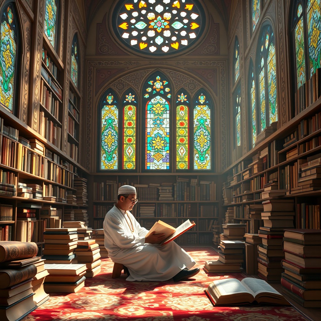 A modern Muslim scholar, inspired by Imam Al-Ghazali, studying in a serene library filled with ancient Islamic texts, sunlight filtering through stained glass windows casting colorful patterns on the floor