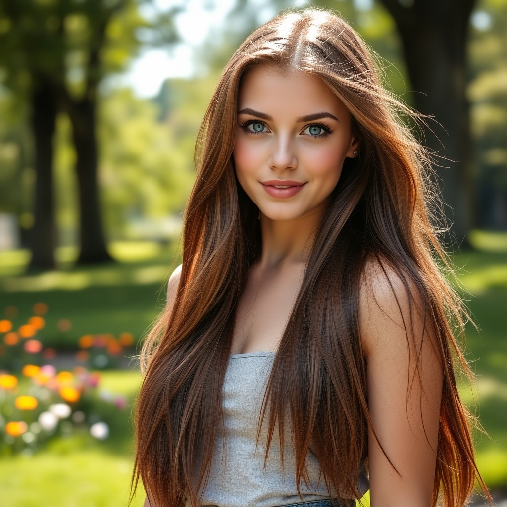 A beautiful young woman with long, flowing brown hair cascading over her shoulders, and striking dark blue eyes that twinkle with warmth and charm