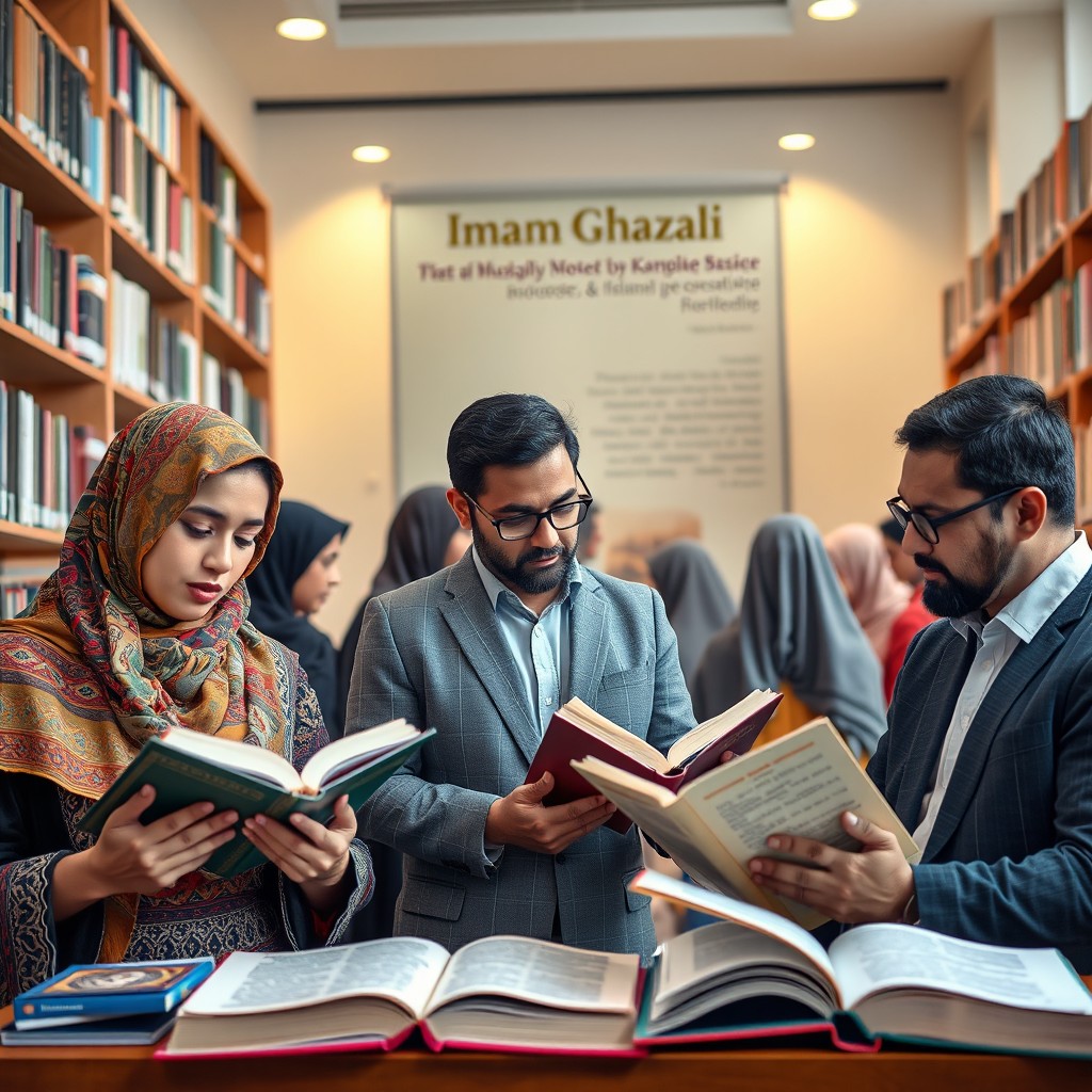 A contemporary scene depicting a group of diverse Muslims in a modern library setting, deeply engaged in reading the works of Imam Ghazali