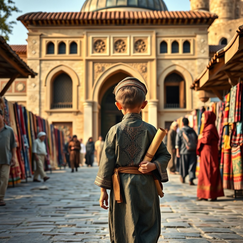 A 9-year-old Muslim boy from the 11th century walking towards a traditional medrese (Islamic school) in a historical setting