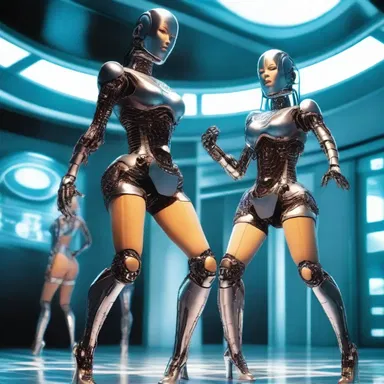 In the futuristic world of the science fiction movie, there are robotic striptease performers entertaining the crowd.