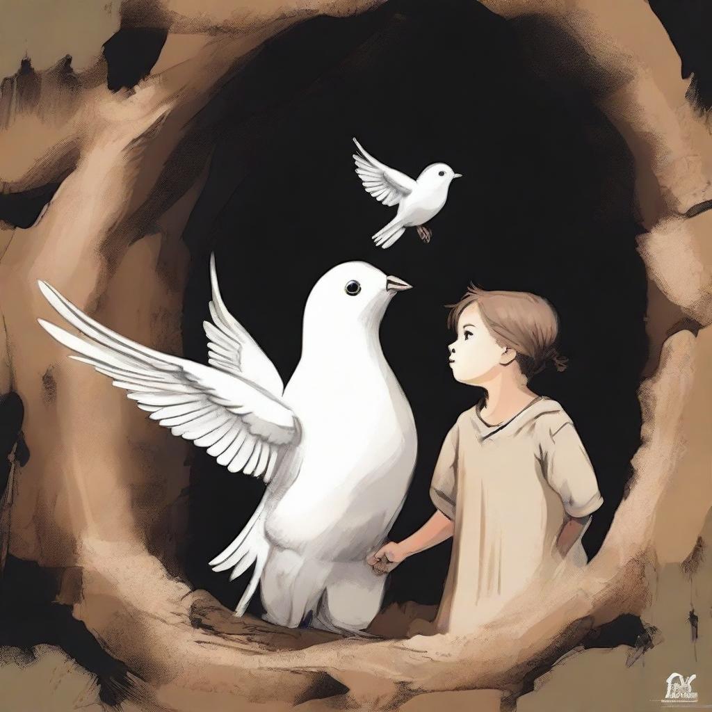 Innocent children with a white dove on their shoulders, standing in a hole with an all controlling hand looming above them