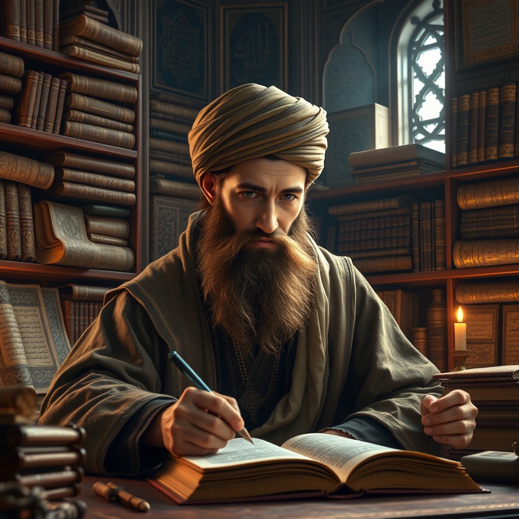 A young Muslim scholar from the 11th century, with a well-groomed beard, deeply engrossed in writing a book