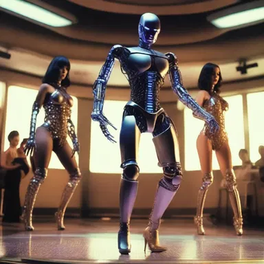 In the futuristic world of the science fiction movie, there are robotic striptease performers entertaining the crowd.