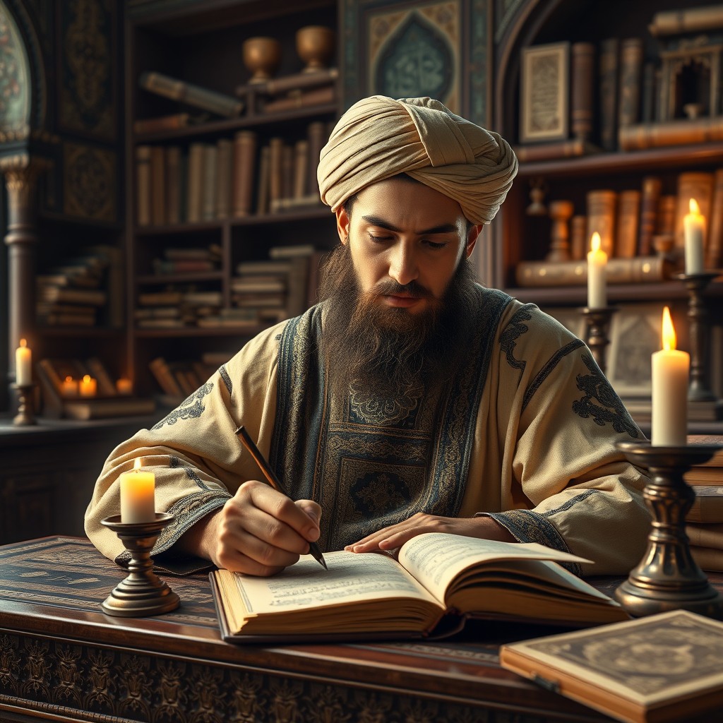 A Muslim young scholar with a beard writing a book in the 11th century, surrounded by ancient scrolls and books, sitting at an ornate wooden desk in a traditional study filled with Islamic art and architecture
