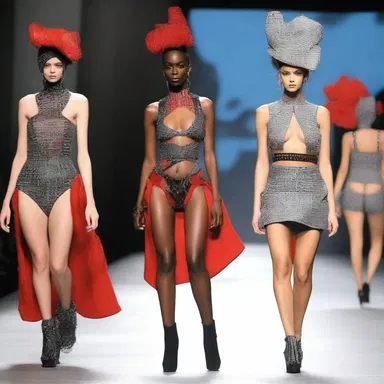 The fashion show featured avant-garde outfits with elements inspired by the concept of striptease, showcasing the intersection of fashion and art.