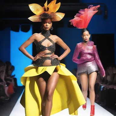 The fashion show featured avant-garde outfits with elements inspired by the concept of striptease, showcasing the intersection of fashion and art.