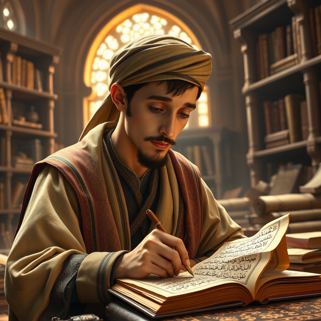 A young Muslim scholar from the 11th century, depicted as a short man with a thin mustache and a short beard, engrossed in writing an Arabic manuscript
