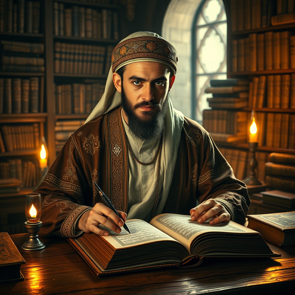 A young Muslim scholar from the 11th century, featuring a neatly trimmed mustache and well-groomed beard, sitting at a wooden desk in a cozy, dimly lit library filled with ancient Arabic books