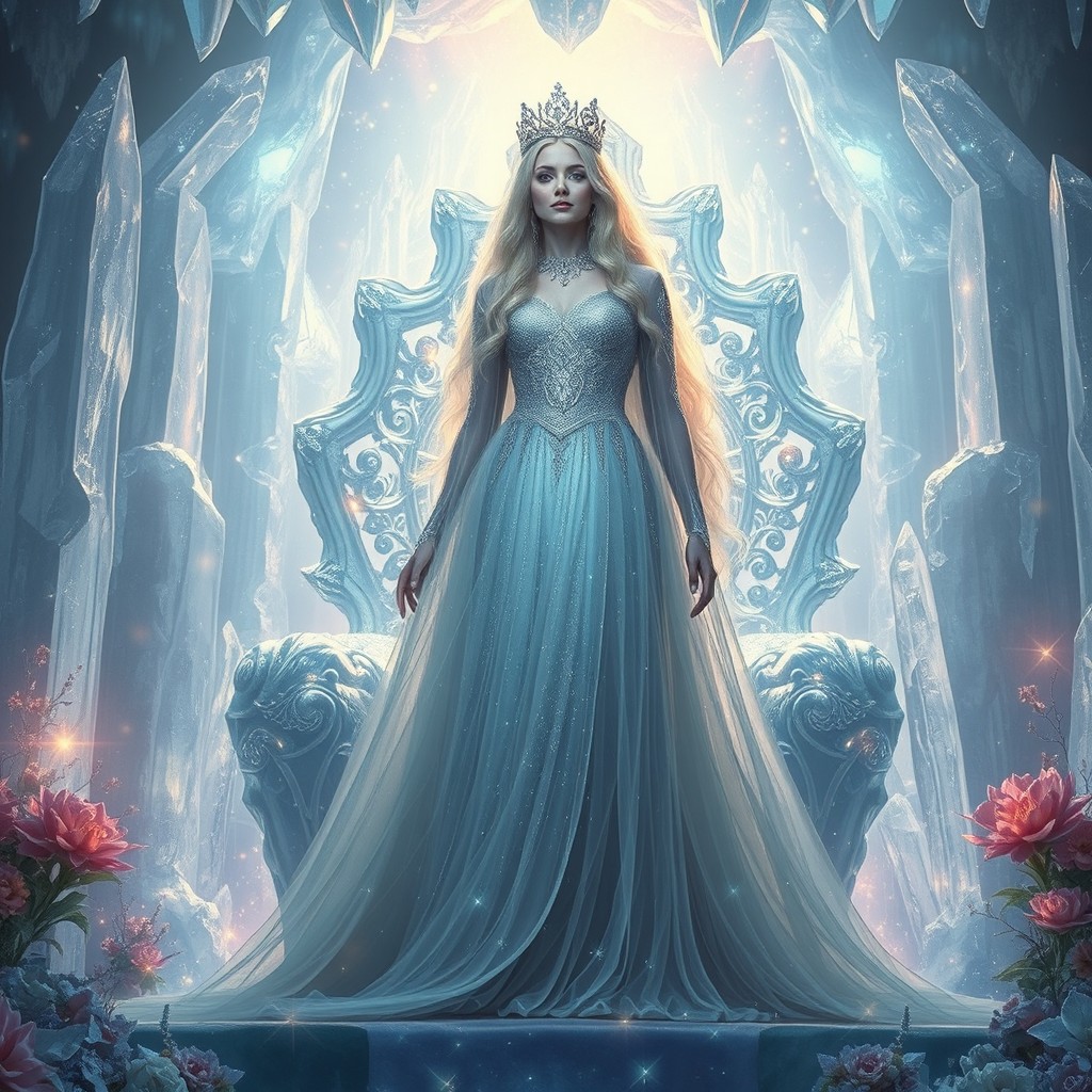 A grand, enchanting scene featuring the Empress of Crystal Tears, draped in flowing, ethereal garments made of shimmering crystal fabric that catches the light