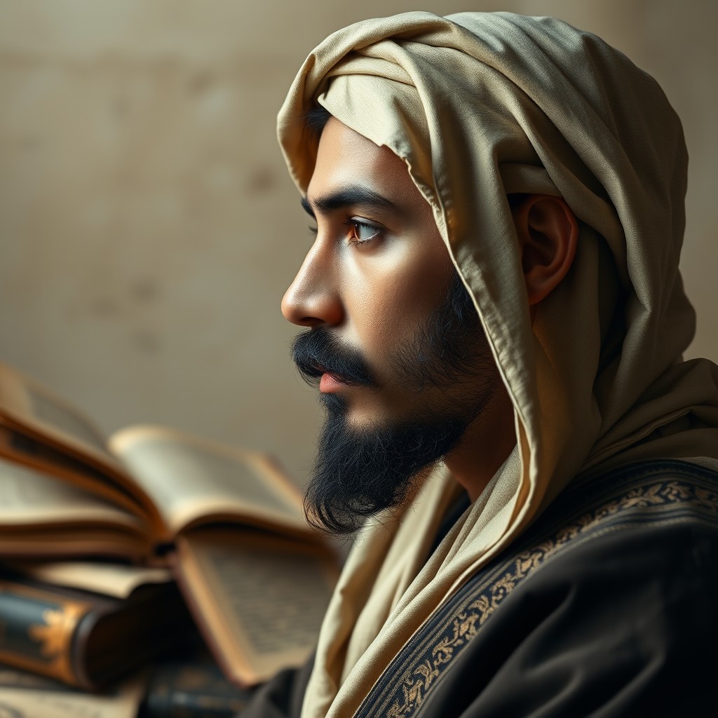 A side profile portrait of a young Muslim scholar from the 11th century, featuring a short mustache and a beard