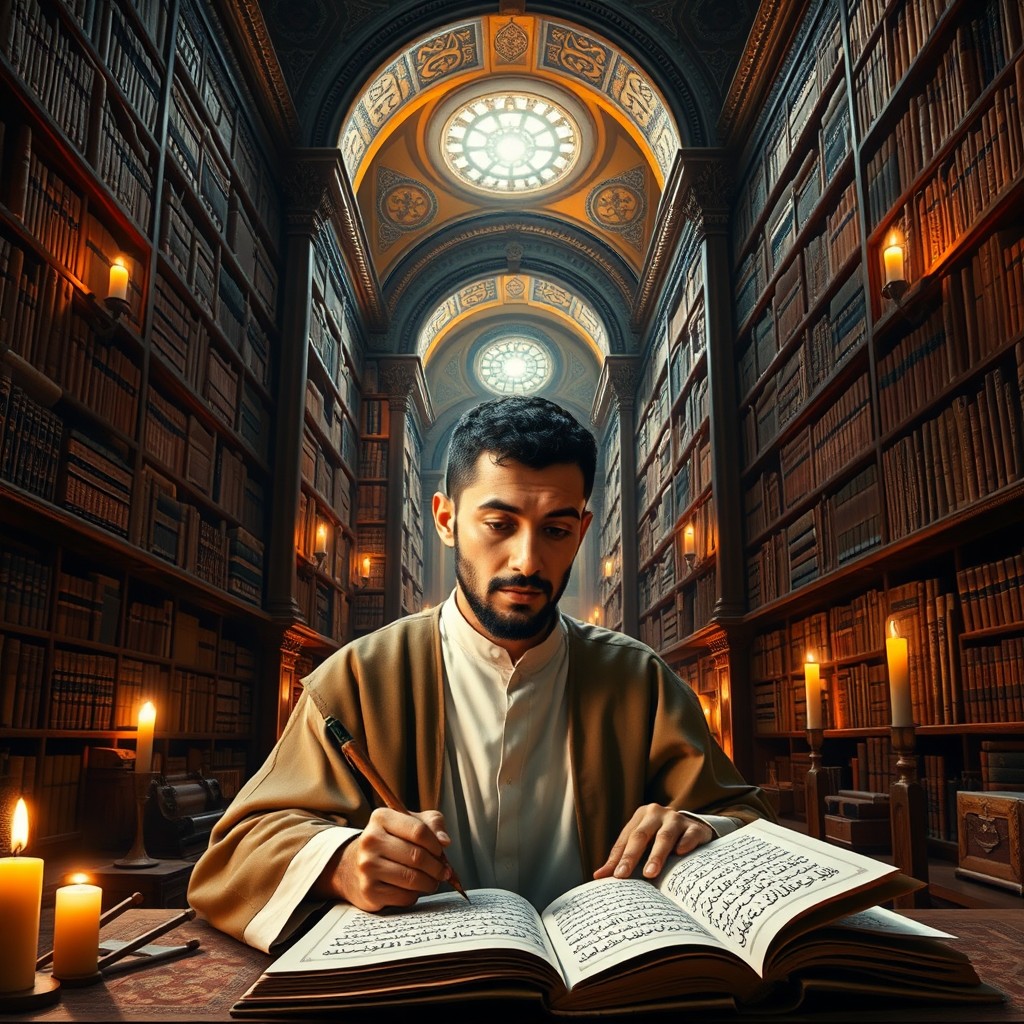 A young Arab scholar with a short mustache and beard, diligently writing Arabic texts in a grand, ancient library filled with towering bookshelves and scrolls from the 11th century